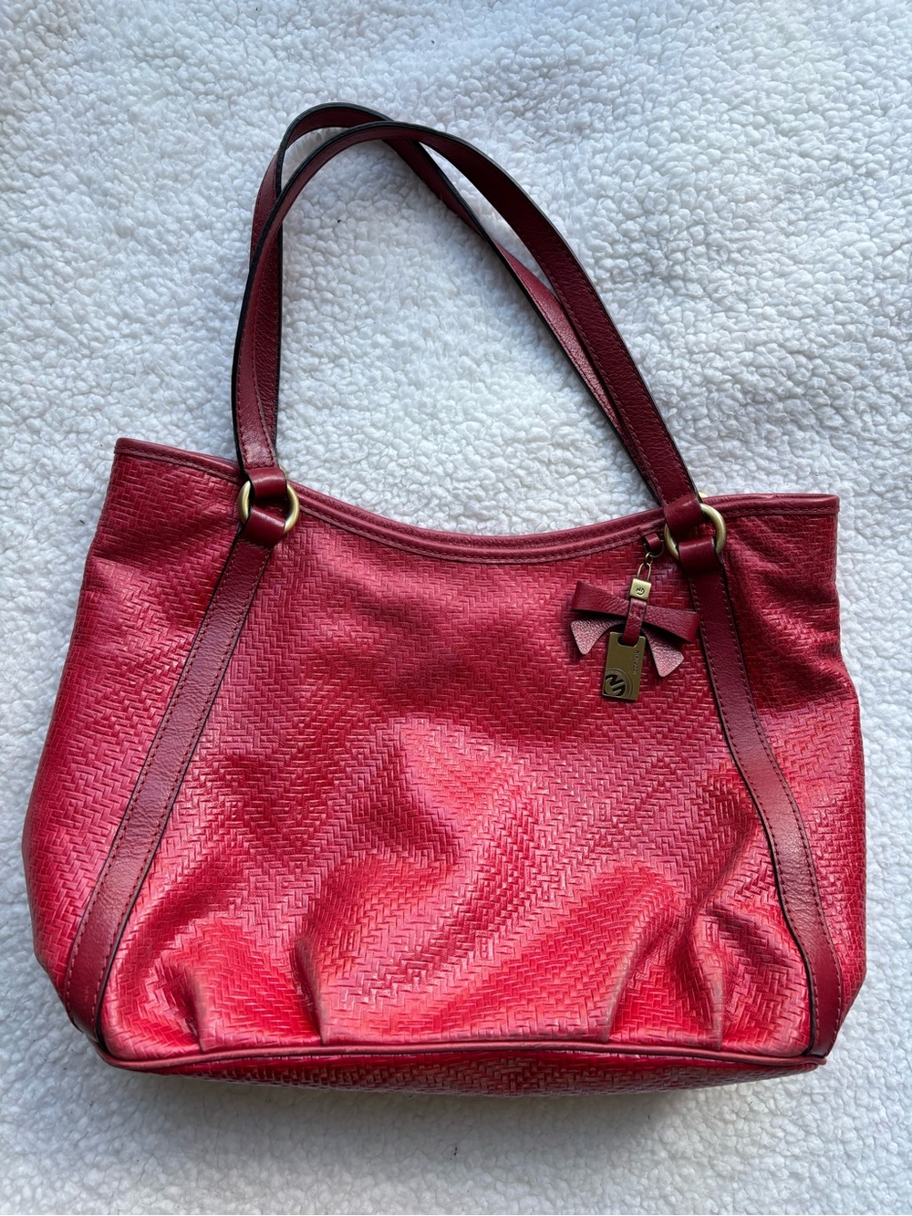 Niki Jodi Designer Red Genuine Textured Leather Shoulder Tote Bag with Bow Charm
